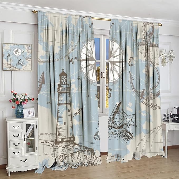 Nautical Theme Window Curtains,Pirate Sailboat Curtains for Bedroom,Conch Starfish Print Draperies for Living Room,Ocean Window Treatment Curtains Set 2 Panels,42x63 Inches