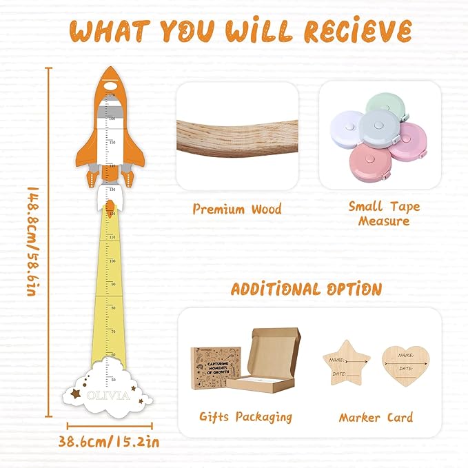 Personalized Name Kids Growth Chart for Wall – Wooden Rocket Height Chart Ruler, Wall Height Measurement for Boys & Girls 61.8" x 9.6"