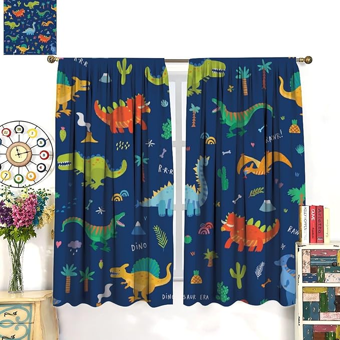 Funny Dinosaur Blackout Curtains Colorful Cartoon Animals Dino Tropical Plant Art Print for Kids Boys Bedroom Living Room Rod Pocket Decoration Window Drapes 2 Panels W27.5xL63in