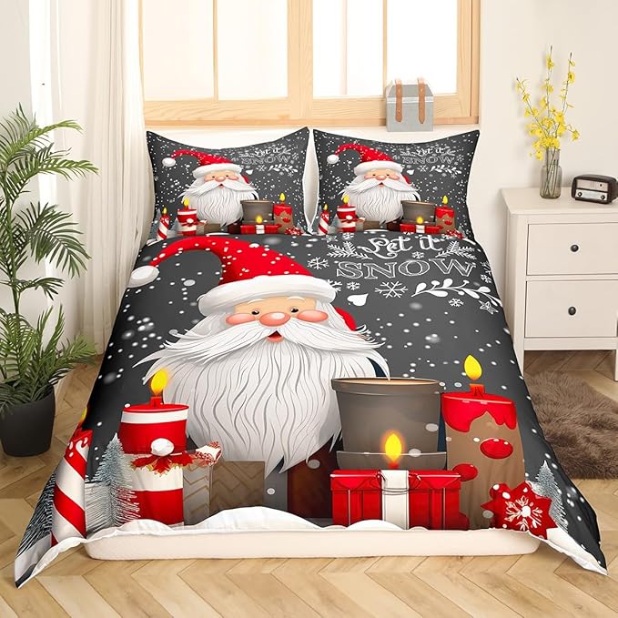 Christmas Duvet Cover Set King Size Santa Claus with Candles and Gift Boxes Print Bedding Set 3pcs for Kids Boys New Year Theme Comforter Cover Winter Snow Quilt Cover with 2 Pillowcases,No Comforter