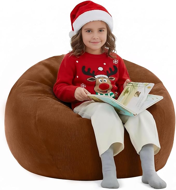 Nobildonna 3 ft Bean Bag Chair Cover (No Filler) 35"×43" Large Stuffed Animal Storage Bean Bag Washable Big Beanbag Chair Cover Premium Corduroy Bean Bag Cover for Adults,Kids,Orange Brown 300L