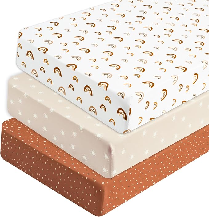 PHF 3 Pack Soft Rainbow Crib Sheets Fitted, Silky Comfy Breathable Baby Sheets for Boys Girls Neutral, 28x52 Inches Fits Standard Crib and Toddler Mattresses, Rainbow