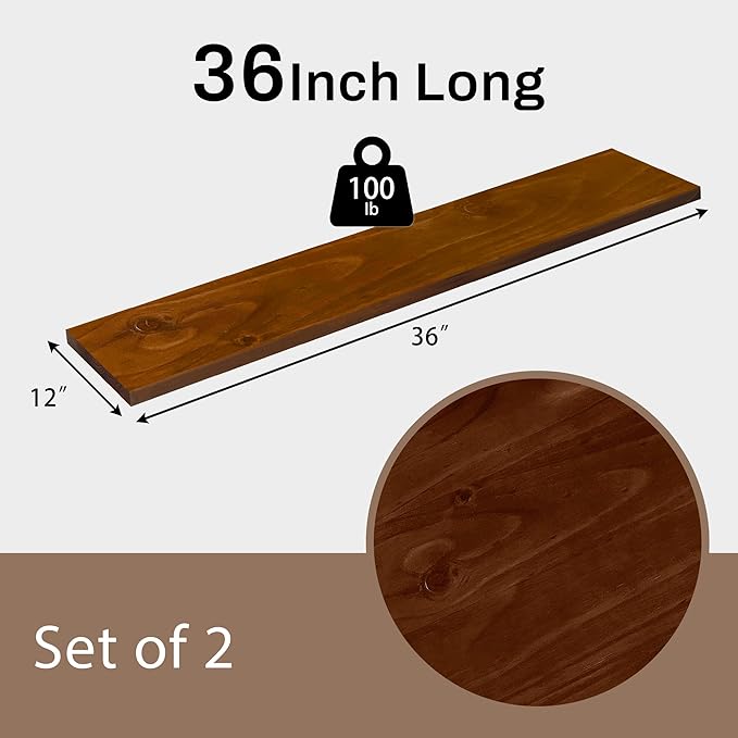 12x36 Inch Rustic Wood Floating Shelves 2-Pack - Farmhouse Walnut Wall Shelf with 100 lbs Capacity, Easy Installation for Living Room, Kitchen, Bathroom