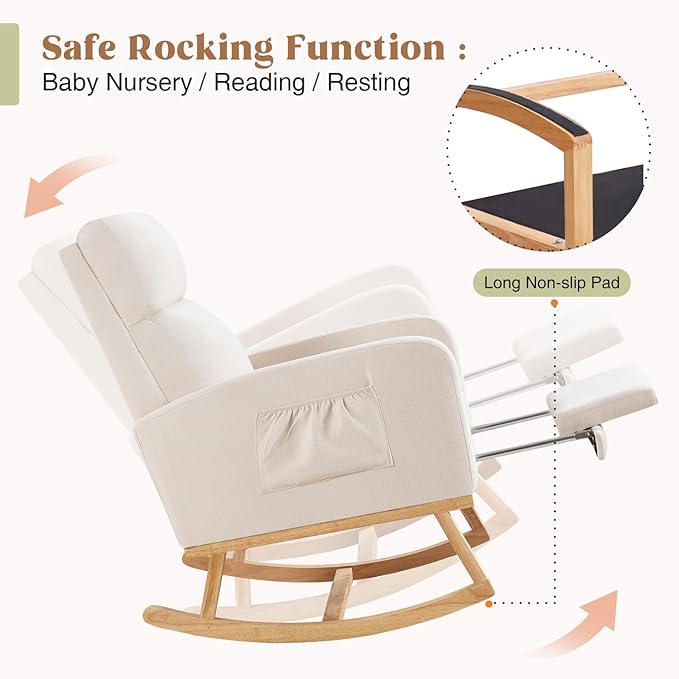 Rocking Chair Nursery, Nursing Rocking Chairs with Foot Rest for Mom Nursery, Glider Rocker Chair with Footrest and High Backrest for Living Room, Bedroom, Beige