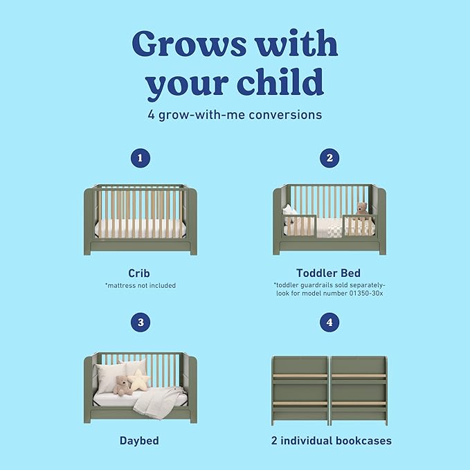 Graco Read-with-Me 4-in-1 Convertible Crib with Drawer (Olive with Driftwood) - GREENGUARD Gold Certified Converts to Toddler Bed, Daybed, and Functional Bookshelves