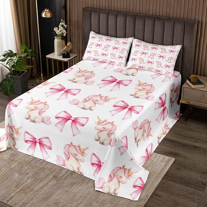 Cartoon Unicron Kids Bedspread King Size,Pink Bowknot Bow Tie Princess Tale Coverlet Set,Girls Women Room Decor,Cute Unicorn Bow Toddler Quilted Coverlet,Lovely Chic Bedding Quilt,2 Pillowcases