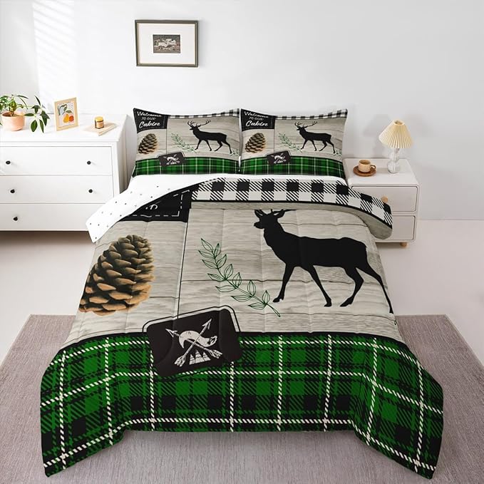 Deer Silhouette Kids Comforter Set Twin Size,Old Plank Leaves Bedding,Girls Boys Adults Bedroom/Xmas Cabin Decor,Geometric Grid Plaid Retro Down Comforter,Rustic Farmhouse Duvet Insert,1 Pillowcase