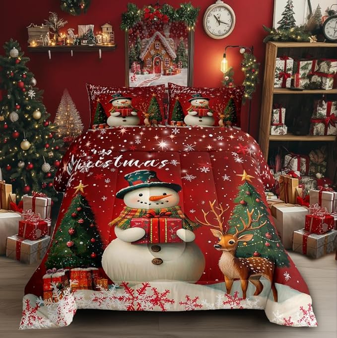 Manfei Merry Xmas Comforter Set Toddler Size,Cute Deer Snownman Bedding Set Kids Girls Adult Room Decor,Christmas Tree Gift Down Comforter Soft Duvet Insert,1 Pillowcase