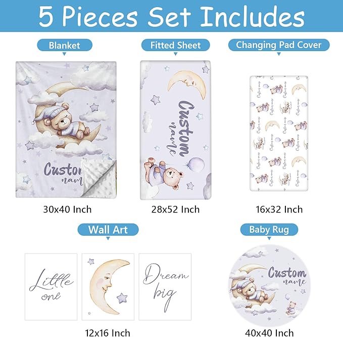 Personalized Crib Bedding Set, 5 Pcs Custom Name Crib Bed Set, Double Layer Nursery Bedding Sets Baby Girls Boys, Purple Bear Baby Crib Set for Infants Toddlers Kids Customized Gifts