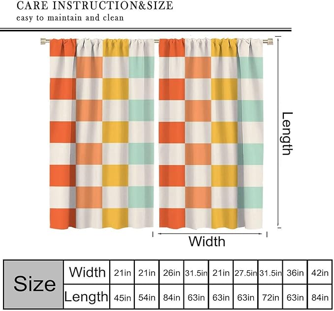 70s Retro Curtains,Cute Green Pink Yellow Checkered Hippie Window Treatments for Kids Girl Bedroom Window 42"" W X 63"" L, Style-7
