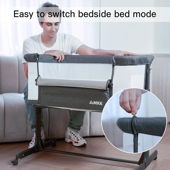AMKE Baby Bassinet Bedside Sleeper, Portable Bassinet with Wheels, 6-Height Adjustable & Fold Down Side, Full Breathable Mesh Bedside Crib for Baby with Mattress Pad, Easy to Install, Dark Grey