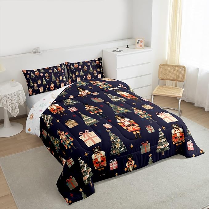 jejeloiu Xmas Nutcracker Comforter Set King Size Christmas Dark Blue Bedding Set for Kids Boys Girls Cute Snowflakes Duvet Quilt Bedroom Decor