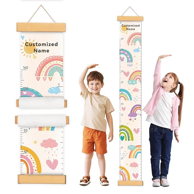 Personalized Name Kids Growth Chart, Watercolor Animal Canvas Baby Height Growth Chart Wall Decor for Baby Kids Toddlers (Rainbows)