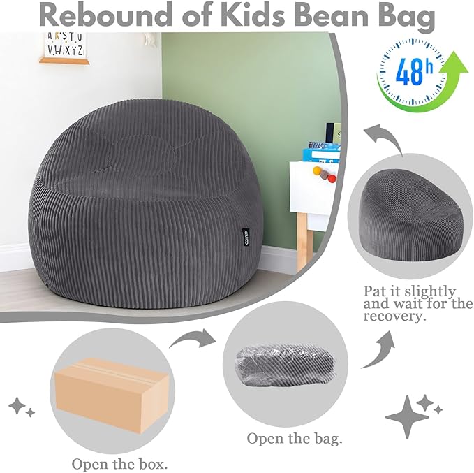 COMAX Bean Bag Chairs for Kids, Toddler BeanBag Sofa with Filler Bean Couch Stuffed for Boys and Girls, Lazy Floor Chair for Playroom, Nursery Room, Dark Grey