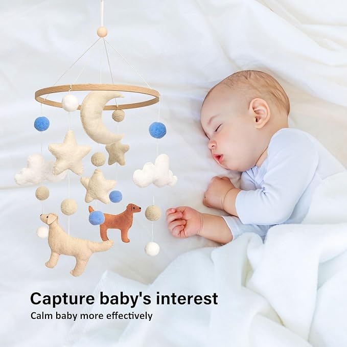 Dog Baby Mobile, Mobile for Crib, Crib Mobile for Boys and Girls, Nursery Mobile for Bassinet, Pack and Play, Dog, Moon, Cloud, Star, Blue Felt Ball
