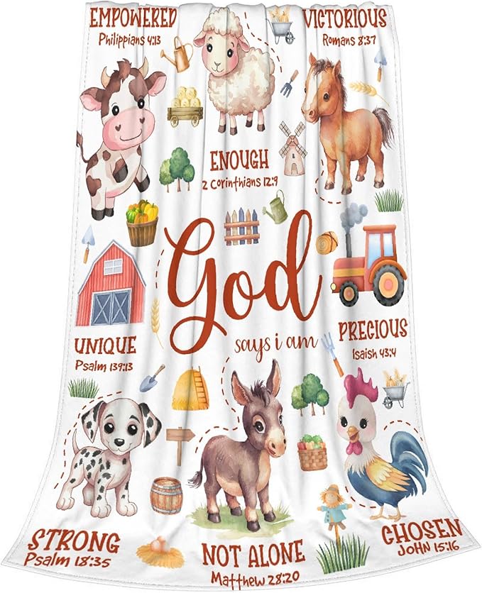 Farm Animal Blanket,Bible Verse Blanket, Christian Gifts, Cow Sheep Horse Chicken Dog Tractor Print Blankets,Cute Religious Gifts for Women Men,Farm Animals Lover Room Bed Decoration, 60"x80"