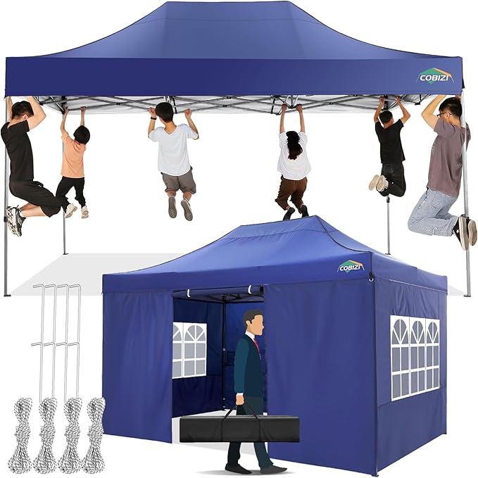 COBIZI 10x15 Pop up Canopy Tent 10x15 Canopy with 4 Sidewalls Waterproof Heavy Duty Commercial Canopy Tent for Parties Outdoor Tent Garden Gazebo Tent, Carry Bag(10x15ft, Dark Blue)