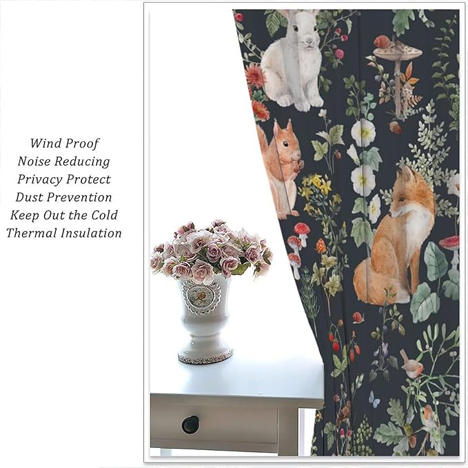 Animal Curtains, Watercolor Forest Animals Plants Pattern Blackout Window Treatments, Rod Pocket Thermal Insulated Drapes 2 Panel Sets for Bedroom Living Room, 42" W X 63" L