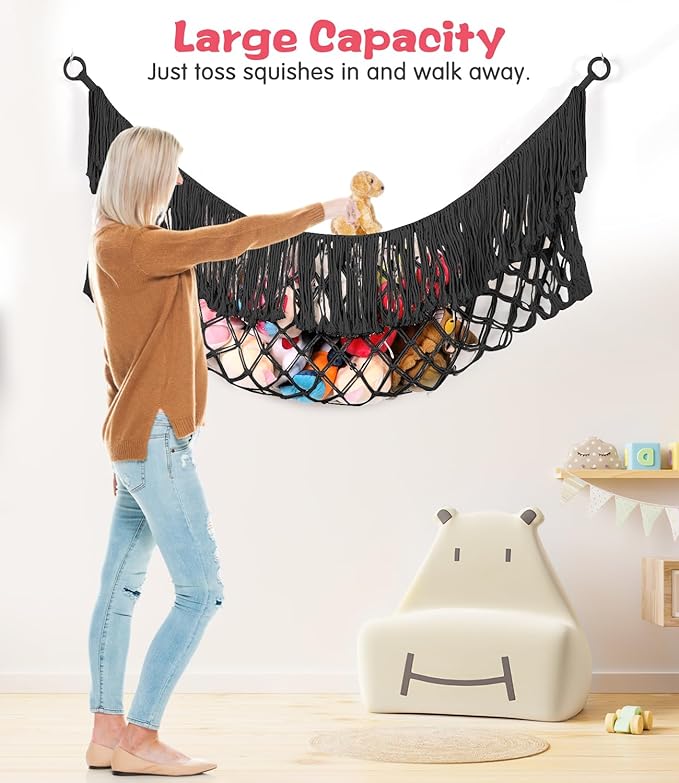 Stuffed Animal Hammock - Extra Large 56'' Long, Stuffed Animal Storage, stuffed animal Holder net, Toy Hammock Large, Toy Storage Hanging Organizer - Black