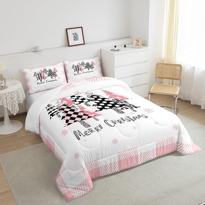 Manfei Merry Christmas Comforter Set Twin Size, Pink Plaid Xmas Trees Bedding Set 2pcs, New Year Cartoon Down Comforter for All Season, Kids Girls Santa Claus Bedroom Decor, 1 Pillowcase, No Sheets