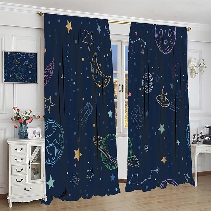 Navy Blue Space Curtains, Cartoon Outer Space Stars Planets Theme Galaxy Curtains for Kids Teens Bedroom Nursery Toddlers Room 42" W X 45" L
