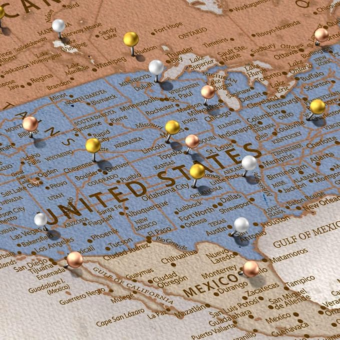 ElephantStock - Personalized Journey V Push Pin World Map Wall Art - Horizontal Canvas Wall Art - Living Room Wall Decor - Digital Art Map Canvas Art - Beige And Orange Decor - 12" x 8"