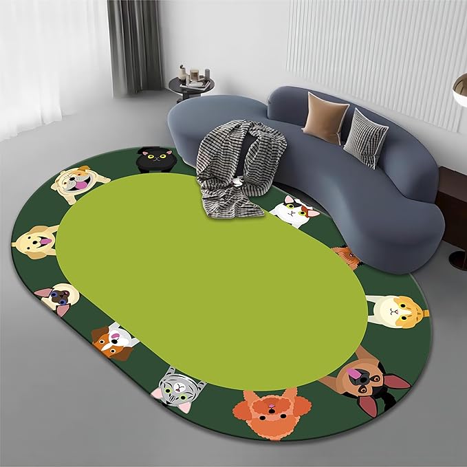 Cat and Dog Kids Area Rug, 5x6ft, Children's Pet Print Oval Rugs, Children's Educational Learning Animal Play Mat for School Classroom, Non-Slip Washable Green Carpet for Nursery Bedroom