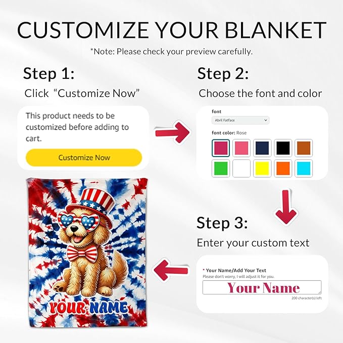Personalized Dog Blanket for Girls - 60" x 80" Inches Golden Retriever Throw for Adult, Women - American Flag Blankets for Bed, Living Room