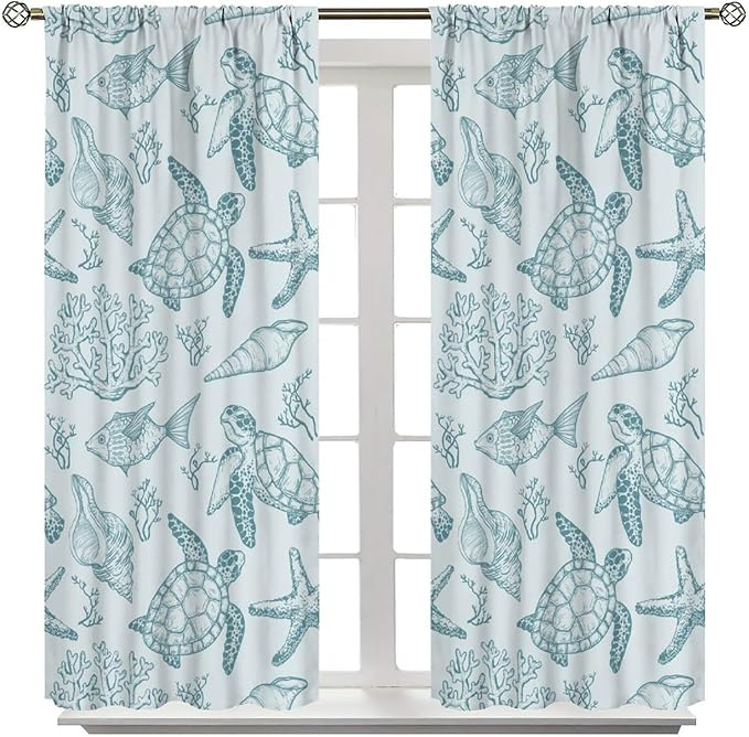 BAEKJIN Turtle Starfish Curtains,Coral Starfish Seashell Beach Sea Seashell Theme Pattern Print Decor Home Bedroom Living Room Window Treatmen 2 Panel Set 42x45 Inch