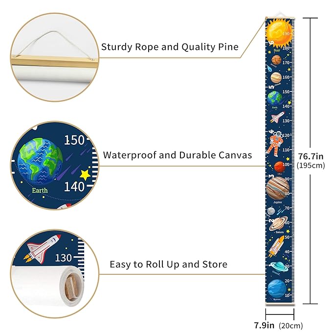 Personalized Growth Chart for Kids, Baby Height Chart with Custom Name, 77"x7.9" Canvas and Beige Wood Height Measuring Rulers for Boys Girls Removable Wall Ruler Hanging for Nursery Decor - Planets