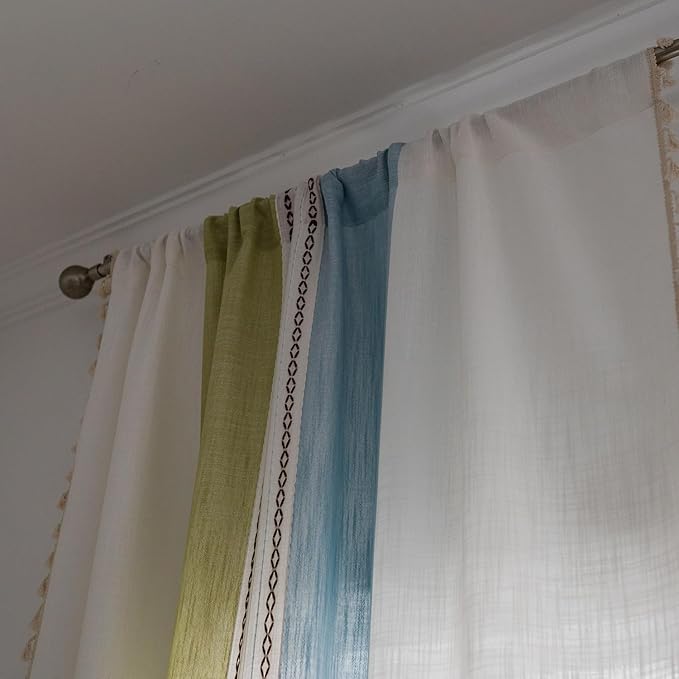 Deeprove Boho Linen Curtains 84 inch for Bedroom Living Room, Semi Blackout Textured Farmhouse Tassels Window Treatment Bohemian Embroidery Drape Rod Pocket 1 Panel 52" W x 84" L, Blue and Sage Green