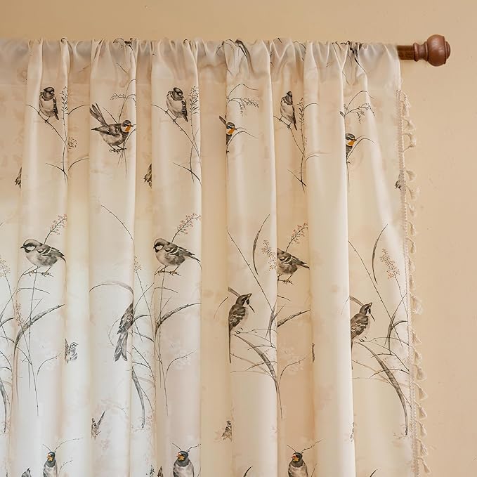 ENJOYBRIDAL Bird Patterned Curtains 84 Inches Semi Sheer Living Room Drapes Floral Bedroom Printed Farmhouse Window Curtain Panels Floor Length Boho 2 Panels Botanical Rod Pocket Window Treatments