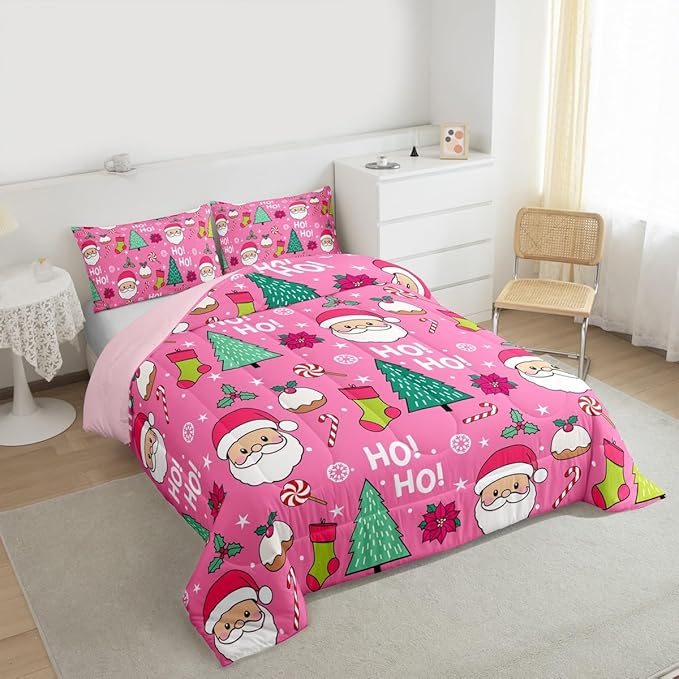 Feelyou Pink Merry Christmas Comforter Set All Season Santa Claus Bedding Set with 2 Pillow Cases Xmas Microfiber Kids King Bedclothes Happy New Year Bedroom Decor Duvet Quilt Soft Lightweight