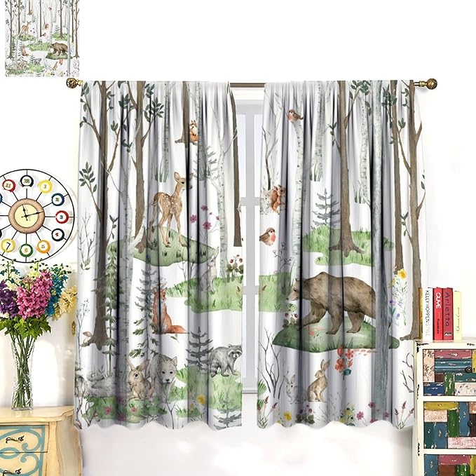 YCness Woodland Animals Curtains, Wild Animals Watercolor Forest Bear Deer Fox Rabbit Floral Nature Window Treatments for Bedroom Kitchen Nursery Living Room Drapes, 84x84 Inch