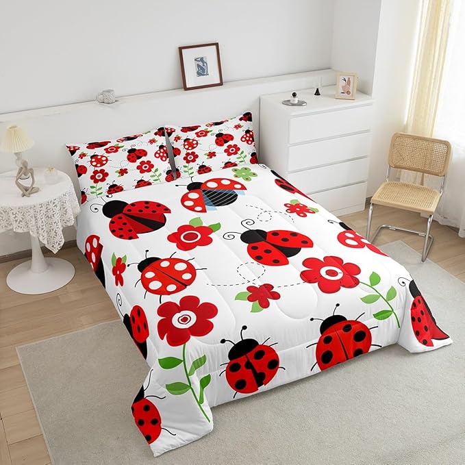 Ladybug Comforter Set for Teens Red Floral and Animal Bedding Set Cute Bug Bedding Home Decor for Kids Comforter Twin Size 2 Pcs Entomology Quilted Duvet Set 1 Comforter with 1 Pillowcase