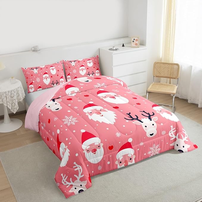 Feelyou Christmas Comforter Set All Season Santa Deer Bedding Set with 2 Pillow Cases Snowflake Microfiber Kids Full Bedclothes Bedroom Decor Duvet Quilt Breathable Soft Lightweight