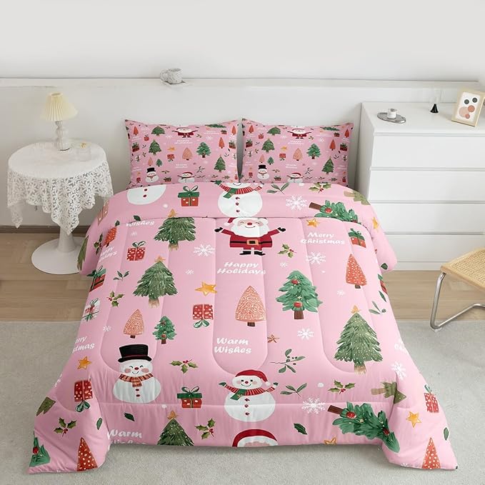 Feelyou Pink Christmas Comforter Set King Size Snowman Bedding Set for Kids Boys Girls Xmas Tree Duvet Quilt Bedroom Decor Microfiber 3 Pcs with 2 Pillow Cases