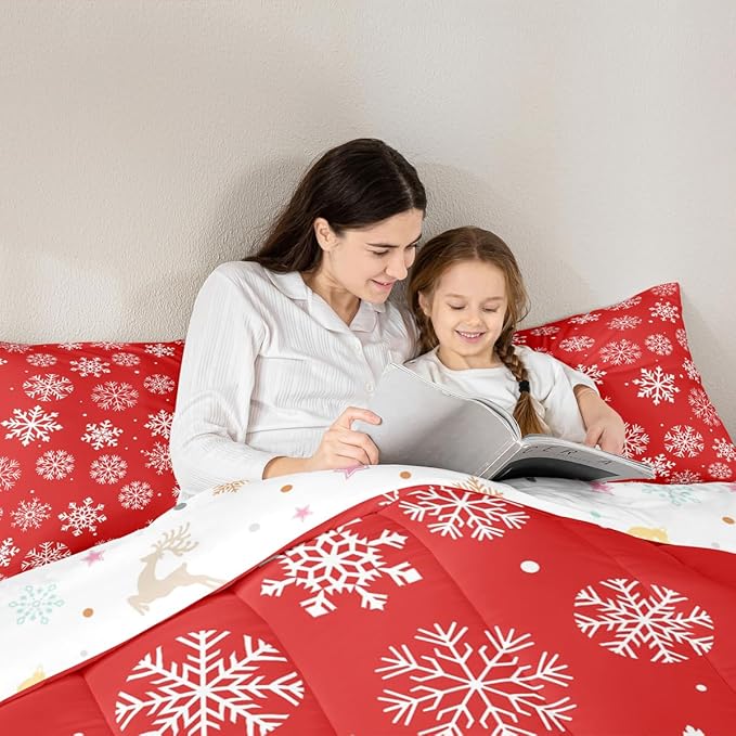 Feelyou Christmas Comforter Set All Season Winter Snowflake Bedding Set with 2 Pillow Cases Xmas Festival Microfiber Kids King Bedclothes Snowflake Red Bedroom Decor Duvet Quilt Breathable Soft