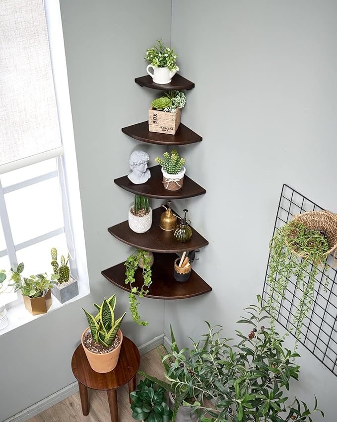 Corner Shelves, Floating Corner Shelf, Set of 2 10inch Solid Oak Wood Corner Wall Shelves, Round End with Wire Hole for Small Plant for Bedroom Kitchen, Living Room