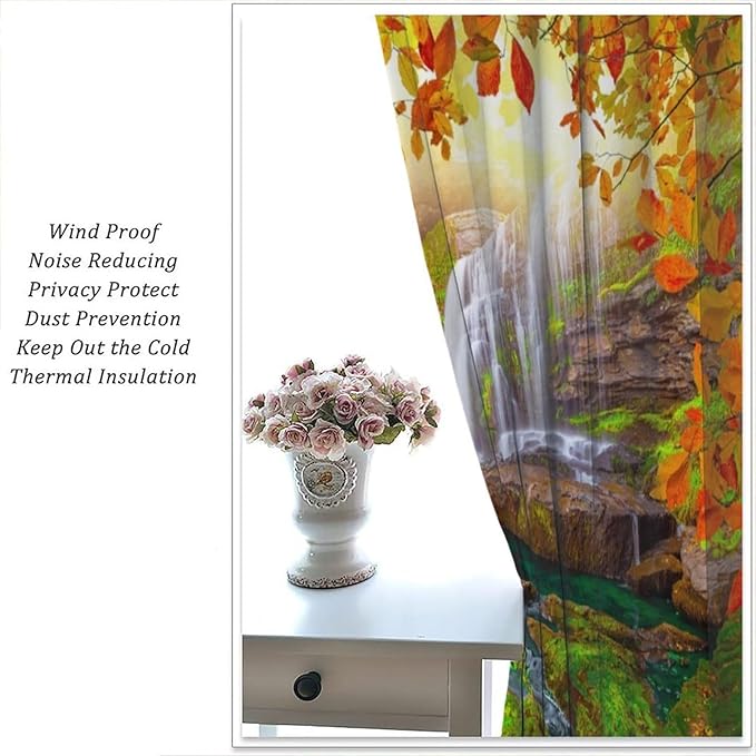 Waterfall Blackout Curtains, Waterfall Landscape Autumn Nature Leaves Forest Window Drapes, for Bedroom Living Room 42" W X 63" L