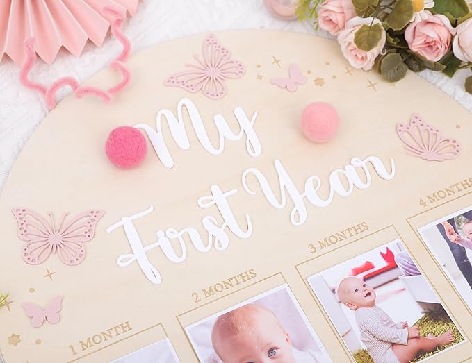 YOUAME My First Year Birthday Wooden Photo Board - Butterfly Themed First Year Milestone Photo Board, 12 Months Baby Girl Birthday Picture Wood Frame, Girls Pink Birthday Party Decorations