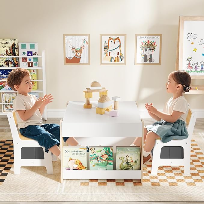 HONEY JOY Kids Table and Chairs, 4-in-1 Children Wooden Activity Set w/Double Bookshelves, Storage, Detachable Tabletop, for Art, Craft, Drawing, Reading, Gift for Toddlers 3-6 Years Old (Natural)