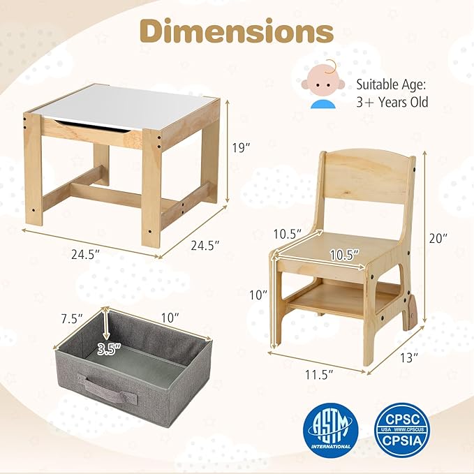 Costzon Kids Table and Chairs, 3 in 1 Wooden Activity Desk Set w/Double-Sided Tabletop, Storage Drawers and Reinforced Design for Drawing, Reading & Playing, Toddler Table and Chair Set (Gray)