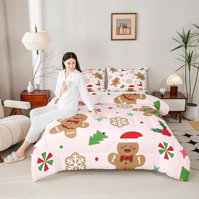 Feelyou Merry Christmas Kids Comforter Set King Size Gingerbread Man Bedding Set Xmas Tree Duvet Quilt for Kids Boys Girls Bedroom Red Berries Snowflake Decor Microfiber Ultra Soft Breathable