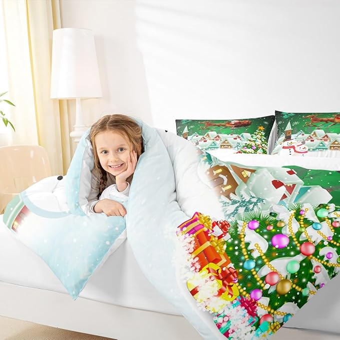 Manfei Christmas Comforter Set King Size, Snowman Xmas Tree Quilt Set with 2 Pillowcases, Santa Claus with Deer Bedding Set 3pcs for Kids Boys Girls Room Decor New Year Theme Duvet Insert
