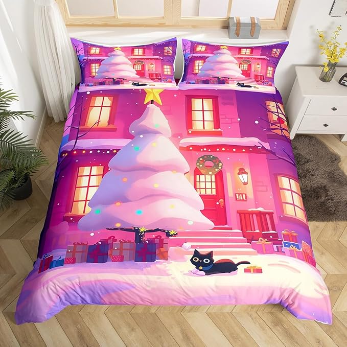Feelyou Cute Christmas Comforter Cover Set Tree Bedding Full Size for Kids Boys Girls Bedroom Bed Decor Xmas Duvet Cover Merry Christmas Bedspread, No Comforter