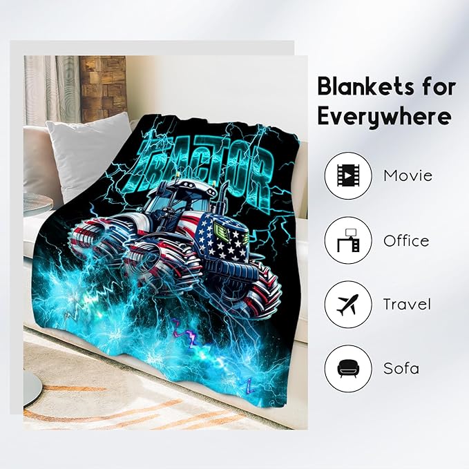 Kids Blanket Tractor Blankets Gifts for Toddler Boys, 30"x40" Fleece Soft Cozy Car Theme Throw for Couch Sofa