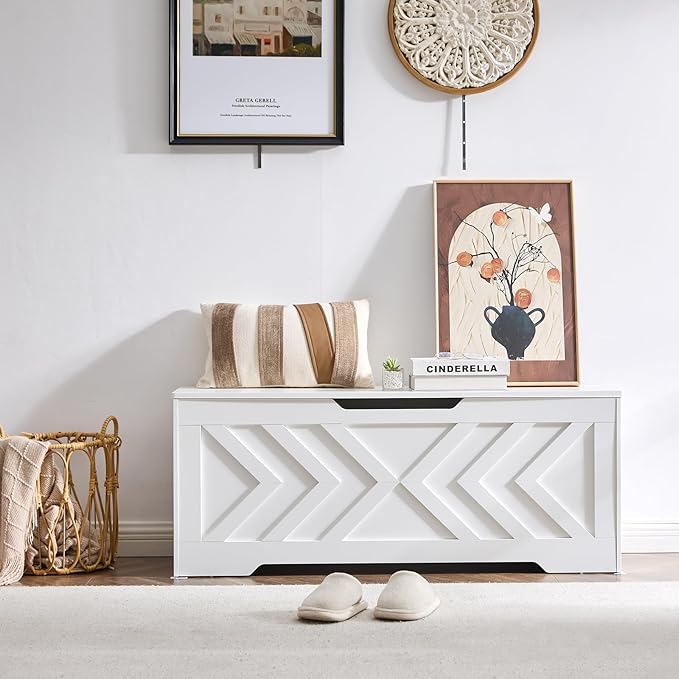 47.2” Storage Bench,Extra Large Wooden Storage Chest with 2 Safety Hinges,entryway Bench,Blanket Storage,Shoe Storage Bench for Entryway,Bedroom,Living Room,Easy Assembly-White