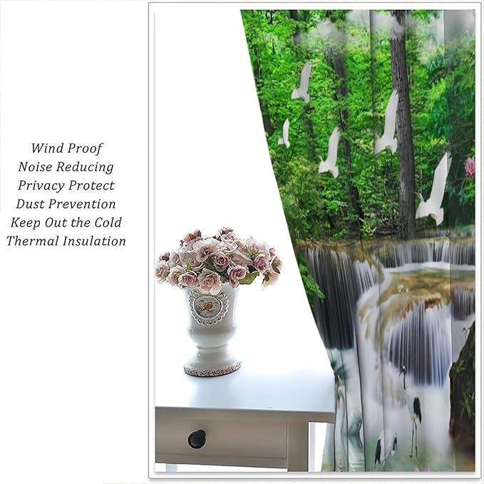 Nature Blackout Curtain, Waterfall Landscape Forest Swan Fish Pattern Rod Pocket Window Drapes, for Bedroom Living Room 42" W X 54" L