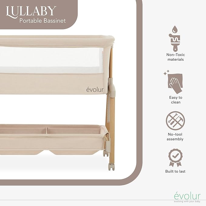 évolur Lullaby Portable Bassinet with Wheels, Adjustable Bedside Sleeper, Breathable Mesh Sides, Large Storage Basket, Easy Fold, and Travel Bag Included, Perfect for Newborns & Infants - Biege